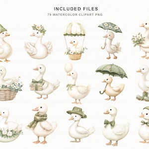 Puede incluir: Conjunto de im&aacute;genes predise&ntilde;adas de acuarela con encantadores patos blancos en varias poses y atuendos. Los patos est&aacute;n adornados con sombreros, lazos, paraguas y detalles florales. La imagen incluye el texto "INCLUDED FILES" y "79 WATERCOLOR CLIPART PNG".