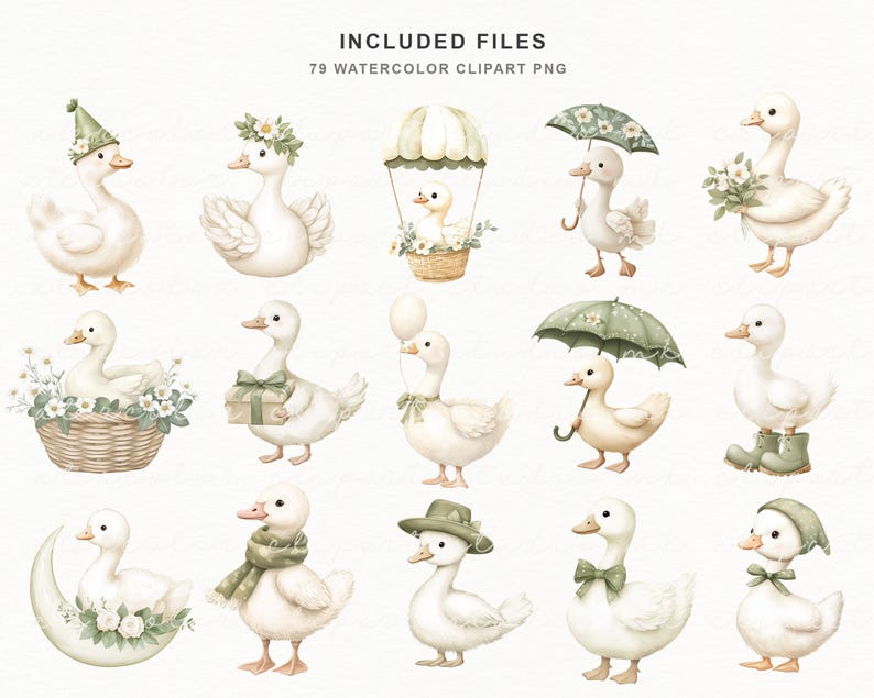 Puede incluir: Conjunto de im&aacute;genes predise&ntilde;adas de acuarela con encantadores patos blancos en varias poses y atuendos. Los patos est&aacute;n adornados con sombreros, lazos, paraguas y detalles florales. La imagen incluye el texto "INCLUDED FILES" y "79 WATERCOLOR CLIPART PNG".