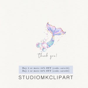 May include: Watercolor illustration of a mermaid tail in shades of purple, blue, and gold, with bubbles. The text "Thank you!" is written in a script font. The image also includes the text "STUDIOMKCLIPART".