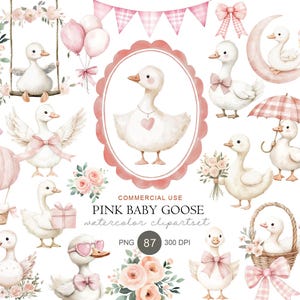 以下が含まれることがあります： ピンクのリボン、ハート、花のアクセントで飾られた、さまざまなポーズのかわいい赤ちゃんガチョウのウォーターカラークリップアートセット。風船、ブランコ、パーティーハット、バナーが含まれています。「PINK BABY GOOSE watercolor clipartset」と書かれています。