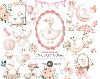 Paquete de imágenes prediseñadas de gansos en acuarela rosa, PNG para habitación de bebé, decoración floral para fiesta de primavera