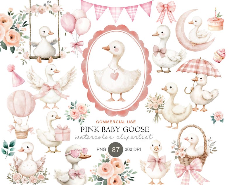 Soft pink baby goose clipart bundle with bows, flowers, balloons, frames, and nursery elements