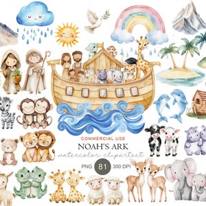 May include: Watercolor clipart set featuring Noah's Ark with pairs of animals, a rainbow, and other biblical elements. Includes a smiling sun, a dove, and a cute cloud with rain. The text "Noah's Ark watercolor clipartset" is also included.