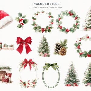 May include: A collection of 113 watercolor clipart PNG files featuring Christmas themes including a Santa hat, holly sprigs, wreaths, decorated Christmas trees, a toy train, red bows, pinecones, a fireplace scene, and a green oval frame.