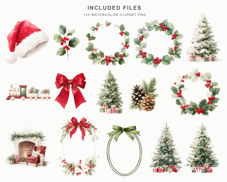 May include: A collection of 113 watercolor clipart PNG files featuring Christmas themes including a Santa hat, holly sprigs, wreaths, decorated Christmas trees, a toy train, red bows, pinecones, a fireplace scene, and a green oval frame.