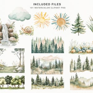 Op de afbeelding: Watercolor clipart set met natuursc&egrave;nes. Bevat illustraties van een waterval, slak, zon, bomen, bos en grasrijke gebieden. De tekst "INCLUDED FILES 101 WATERCOLOR CLIPART PNG" staat bovenaan.