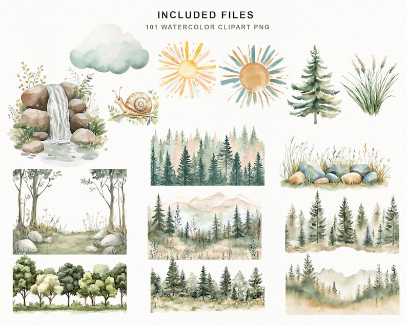 Op de afbeelding: Watercolor clipart set met natuursc&egrave;nes. Bevat illustraties van een waterval, slak, zon, bomen, bos en grasrijke gebieden. De tekst "INCLUDED FILES 101 WATERCOLOR CLIPART PNG" staat bovenaan.