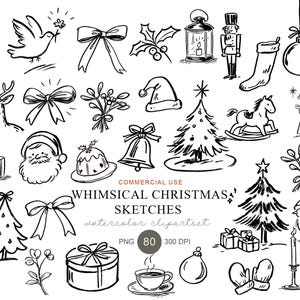Puede incluir: Una colección de bocetos de líneas en blanco y negro con iconos navideños que incluyen una paloma, lazos, acebo, un farol, un cascanueces, un calcetín, un adorno, un reno, muérdago, un gorro de Papá Noel, un árbol, un caballo y un ángel.
