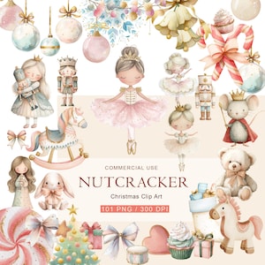 以下が含まれることがあります： くるみ割り人形をテーマにした水彩画のクリスマス クリップアート。 バレリーナ、くるみ割り人形、ロッキングホース、オーナメント、ネズミの王様、テディベア、キャンディケインが含まれています。 テキストは「NUTCRACKER Christmas Clip Art」と書かれています。