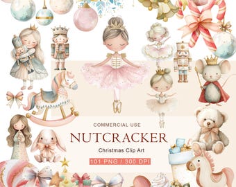 May include: Watercolor Christmas clip art featuring Nutcracker-themed illustrations. Includes ballerinas, nutcrackers, a rocking horse, ornaments, a mouse king, a teddy bear, and a candy cane. The text reads "NUTCRACKER Christmas Clip Art".