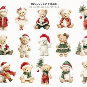 May include: A collection of 113 watercolor clipart PNG files featuring teddy bears in various Christmas outfits and poses, including bears with Santa hats, scarves, holiday trees, gifts, and string lights, labeled with the text INCLUDED FILES.