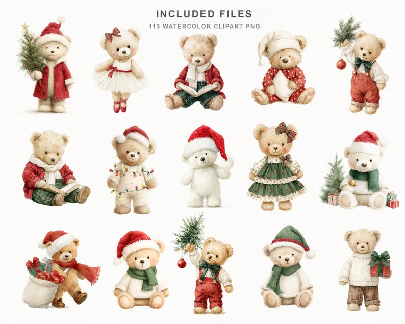 May include: A collection of 113 watercolor clipart PNG files featuring teddy bears in various Christmas outfits and poses, including bears with Santa hats, scarves, holiday trees, gifts, and string lights, labeled with the text INCLUDED FILES.