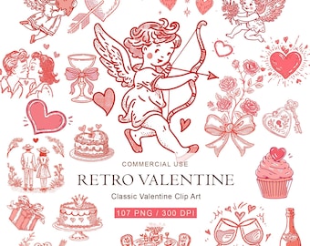 Retro Valentine Clipart Bundle | Vintage Cupid & Heart Illustrations | Romantic Red Pink Love PNG Set