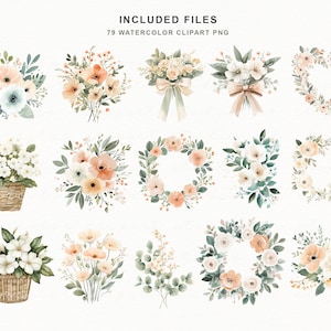 Puede incluir: Conjunto de im&aacute;genes predise&ntilde;adas de acuarela con 79 dise&ntilde;os florales. La colecci&oacute;n incluye ramos, coronas y arreglos florales en tonos melocot&oacute;n, blanco y verde. Algunos dise&ntilde;os est&aacute;n en cestas y atados con lazos. El texto "INCLUDED FILES" y "79 WATERCOLOR CLIPART PNG" es visible.