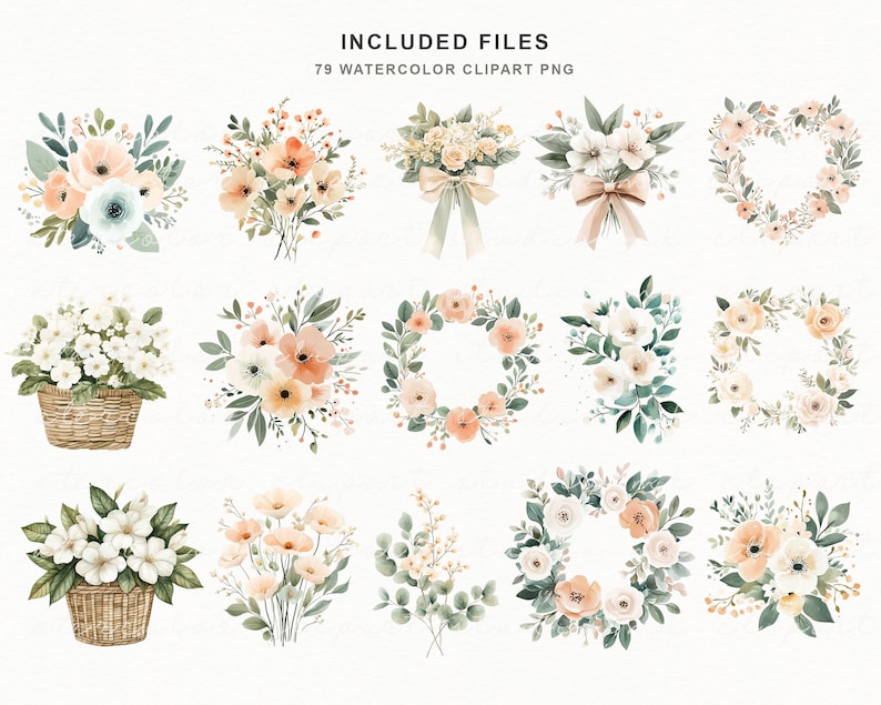 Puede incluir: Conjunto de im&aacute;genes predise&ntilde;adas de acuarela con 79 dise&ntilde;os florales. La colecci&oacute;n incluye ramos, coronas y arreglos florales en tonos melocot&oacute;n, blanco y verde. Algunos dise&ntilde;os est&aacute;n en cestas y atados con lazos. El texto "INCLUDED FILES" y "79 WATERCOLOR CLIPART PNG" es visible.