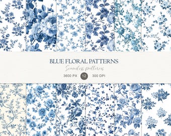 Diseños florales azules sin costuras, papel digital azul y blanco, estampado floral chinoiserie, fondo botánico de porcelana, diseño de tela toile.