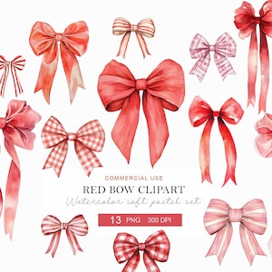May include: Watercolor clipart set featuring various red bows in different styles and patterns. The bows include solid red, striped, and gingham designs. The text "RED BOW CLIPART" and "Watercolor soft pastel set" is visible.