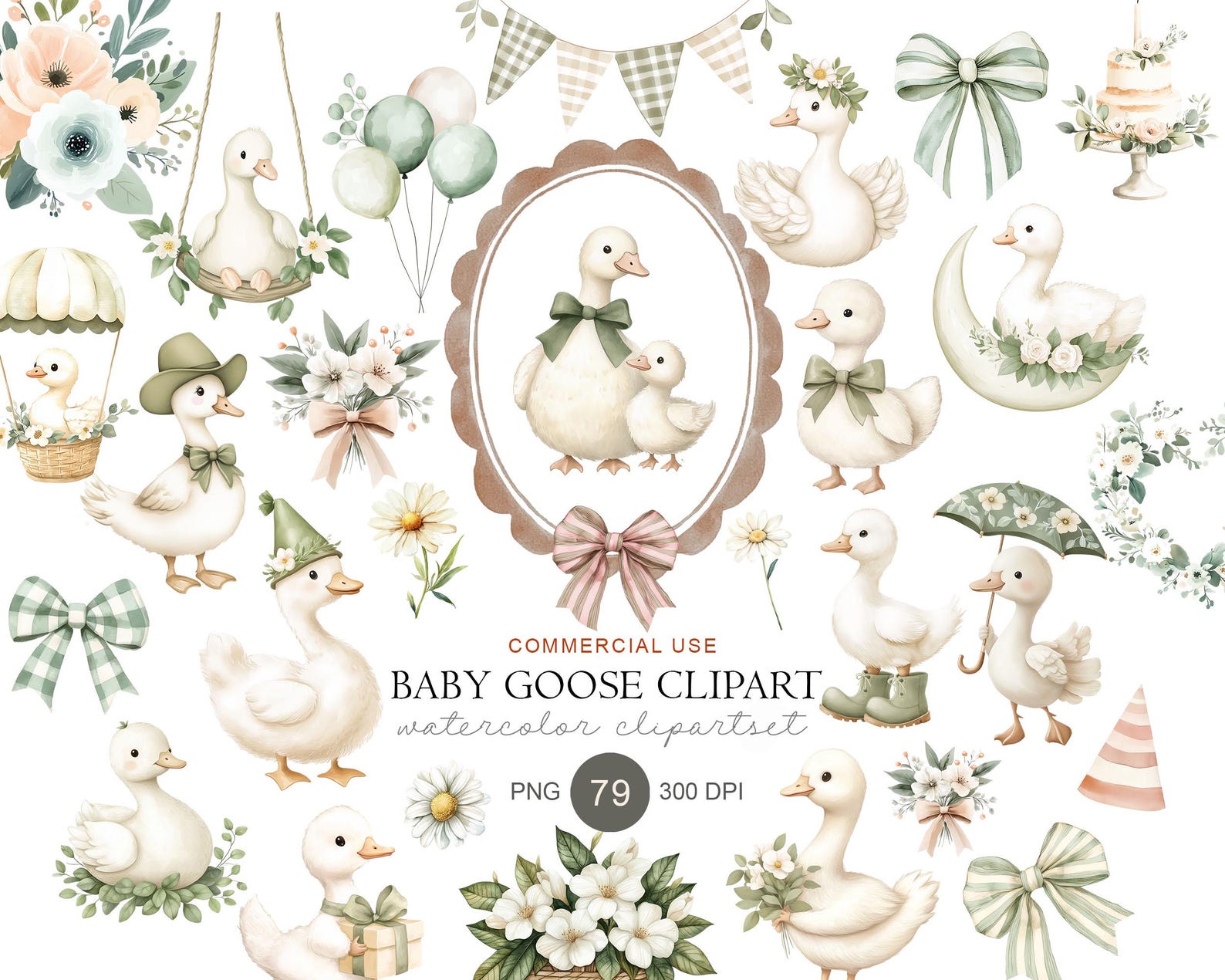 Watercolor Goose Clipart Bundle, Pastel Baby Shower PNG, Floral Nursery ...