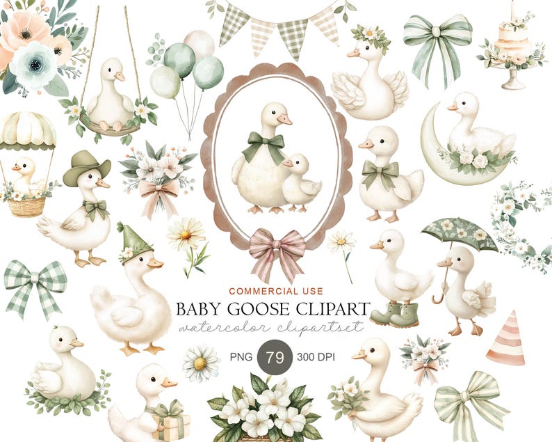 Puede incluir: Conjunto de im&aacute;genes predise&ntilde;adas de acuarela con gansos beb&eacute;s en varias poses con detalles florales y lazos. Incluye gansos con sombreros, lazos y paraguas, adem&aacute;s de arreglos florales, globos y una tarta.