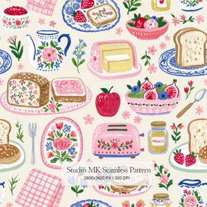 Puede incluir: Un patrón sin costuras con elementos de desayuno como tostadas, mermelada, fruta y miel. El diseño incluye una tostadora rosa, platos florales y una tetera. El texto "Studio MK Seamless Pattern" es visible.