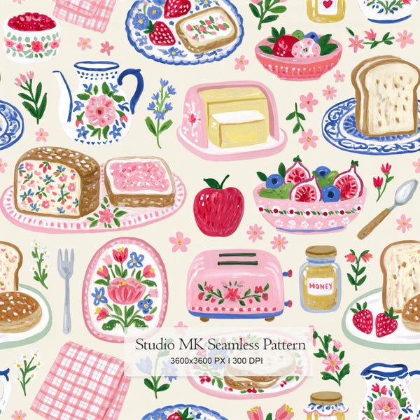 Cottagecore Breakfast Seamless Pattern, Strawberry Jam, Hand-Painted Floral Kitchen Design (Digital Download)
