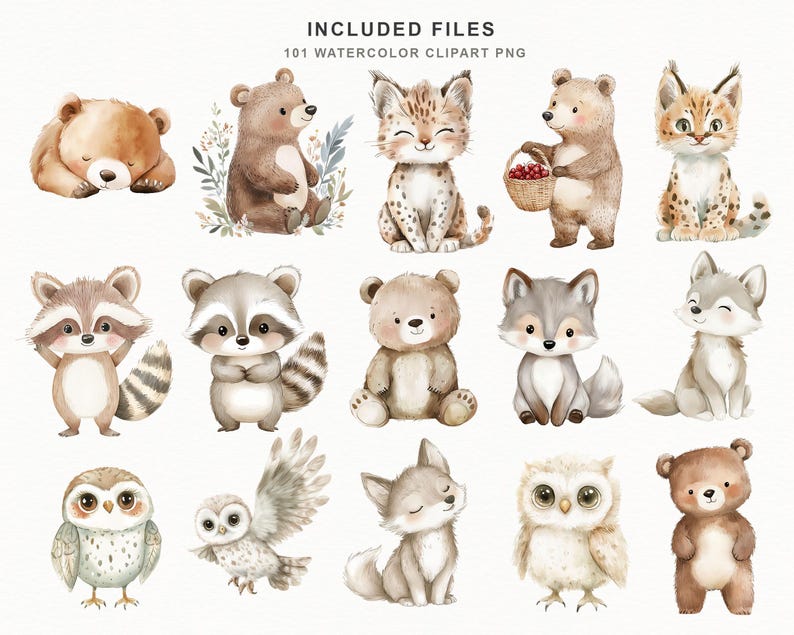 Op de afbeelding: Watercolor clipart set met verschillende bosdieren, waaronder beren, wasberen, vossen, uilen en een bobcat. De illustraties zijn in zachte, gedempte kleuren, met een focus op schattige en vriendelijke dierontwerpen. De tekst "INCLUDED FILES 101 WATERCOLOR CLIPART PNG" staat bovenaan.
