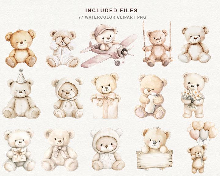 Watercolor Teddy Bear Clipart Bundle, Neutral Baby Shower Clipart ...