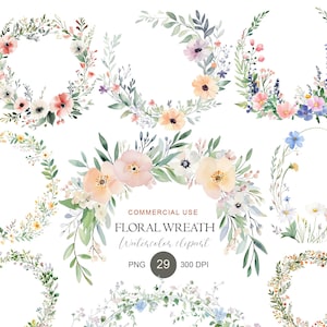 Pastel Floral Wreath Clipart, Botanical Wedding Frame PNG, Logo Design (300 DPI)