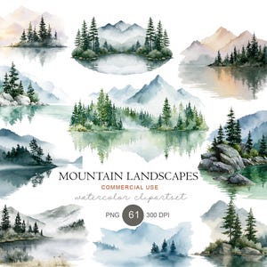 Può includere: Una collezione di illustrazioni di paesaggi montani ad acquerello con pini, laghi e cime nebbiose. Il testo recita MOUNTAIN LANDSCAPES COMMERCIAL USE watercolor clipartset PNG 61 300 DPI. La tavolozza dei colori include tonalità di verde, blu e grigio.