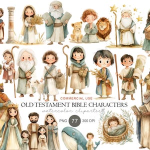 Puede incluir: Una colección de ilustraciones en acuarela con personajes bíblicos del Antiguo Testamento, incluyendo figuras con bastones, pergaminos, cestas y animales como un león y una ballena. El texto dice OLD TESTAMENT BIBLE CHARACTERS, COMMERCIAL USE, PNG 77 300 DPI.