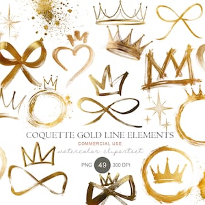 Puede incluir: Una colección de ilustraciones digitales doradas que incluyen coronas, lazos, corazones y marcos circulares con texturas de pinceladas. El texto dice COQUETTE GOLD LINE ELEMENTS, COMMERCIAL USE, watercolor clipartset, PNG 49 300 DPI.