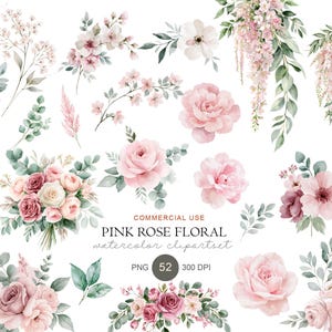 Puede incluir: Una colección de ilustraciones florales en acuarela que presenta rosas rosadas, diversas flores y follaje verde. El texto dice: COMMERCIAL USE PINK ROSE FLORAL watercolor clipartset PNG 52 300 DPI. Estos gráficos digitales incluyen ramos y flores individuales.