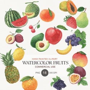 Könnte beinhalten: Aquarell-Illustration verschiedener Früchte, darunter Wassermelone, Apfel, Avocado, Trauben und Ananas. Der Text "HAND PAINTED CLIPART WATERCOLOR FRUITS COMMERCIAL USE" ist ebenfalls enthalten.