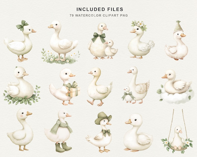 Puede incluir: Conjunto de im&aacute;genes predise&ntilde;adas de acuarela con varios patos blancos con encantadores accesorios. Los patos est&aacute;n adornados con lazos, sombreros y detalles florales. El texto "INCLUDED FILES" y "79 WATERCOLOR CLIPART PNG" es visible.