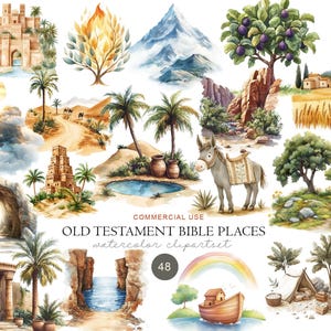Könnte beinhalten: Eine Sammlung von Aquarellillustrationen mit Orten aus dem Alten Testament, darunter eine Wüstenfestung, ein brennender Dornbusch, Berge, ein Feigenbaum, eine Himmelsleiter, ein Esel, eine Höhle, eine hölzerne Arche und Palmen mit Text.