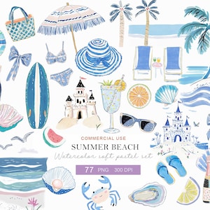 May include: Watercolor illustration of summer beach elements, including a blue surfboard, beach umbrella, and a straw hat. Other items include a bikini, sunglasses, a cocktail, and a sandcastle. The text "Summer Beach" is visible.