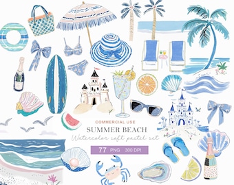 Watercolor Summer Beach Clipart Bundle, Coastal PNG Elements, Tropical Vacation Graphics (Commercial Use)