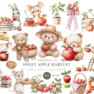 Puede incluir: Una colección de ilustraciones en acuarela con conejos, ratones y osos de peluche interactuando con manzanas rojas, cajas de madera, cestas, pasteles y frascos. El texto dice SWEET APPLE HARVEST, COMMERCIAL USE, PNG 63 y 300 DPI.