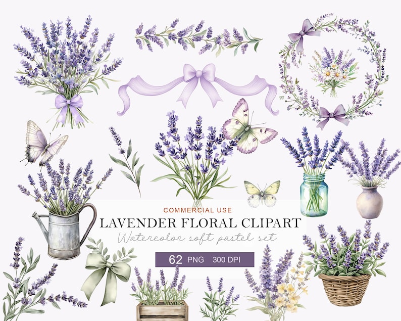 Watercolor Lavender Floral Clipart Set, Purple Bouquet Wreath, Bows (60 ...