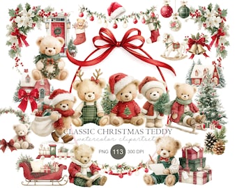May include: A digital collection of watercolor Christmas illustrations featuring teddy bears in festive attire, a red bow, holiday greenery, ornaments, a sleigh, a train, gift boxes, and a house, with the text CLASSIC CHRISTMAS TEDDY.