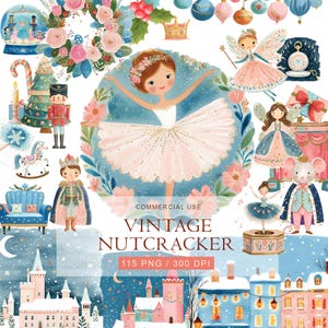 May include: A digital illustration with a ballerina in a pink tutu and floral elements. The image includes Nutcracker characters like a prince, a fairy, and a mouse king, all in a vintage style. The text "VINTAGE NUTCRACKER" is visible. The image has a festive, fairytale theme.