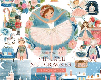 May include: A digital illustration featuring a ballerina in a pink tutu surrounded by floral elements. The image includes a variety of Nutcracker-themed characters, such as a prince, a fairy, and a mouse king, all in a vintage style. The text "VINTAGE NUTCRACKER" is also present.