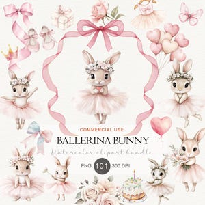 Ballerina Bunny aquarel clipart-bundel, blush roze bloemen png-set (101 elementen)