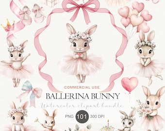 Paquete de imágenes prediseñadas de acuarela de conejita bailarina, conjunto PNG floral rosa ruborizado (101 elementos)