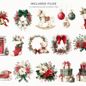 May include: A collection of 113 watercolor Christmas clipart PNG files featuring festive imagery including bells, wreaths, a rocking horse, ornaments, stockings, a teddy bear, poinsettia bouquets, a red sleigh, and stacks of wrapped gift boxes.
