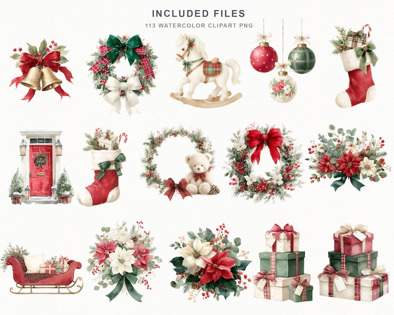 May include: A collection of 113 watercolor Christmas clipart PNG files featuring festive imagery including bells, wreaths, a rocking horse, ornaments, stockings, a teddy bear, poinsettia bouquets, a red sleigh, and stacks of wrapped gift boxes.