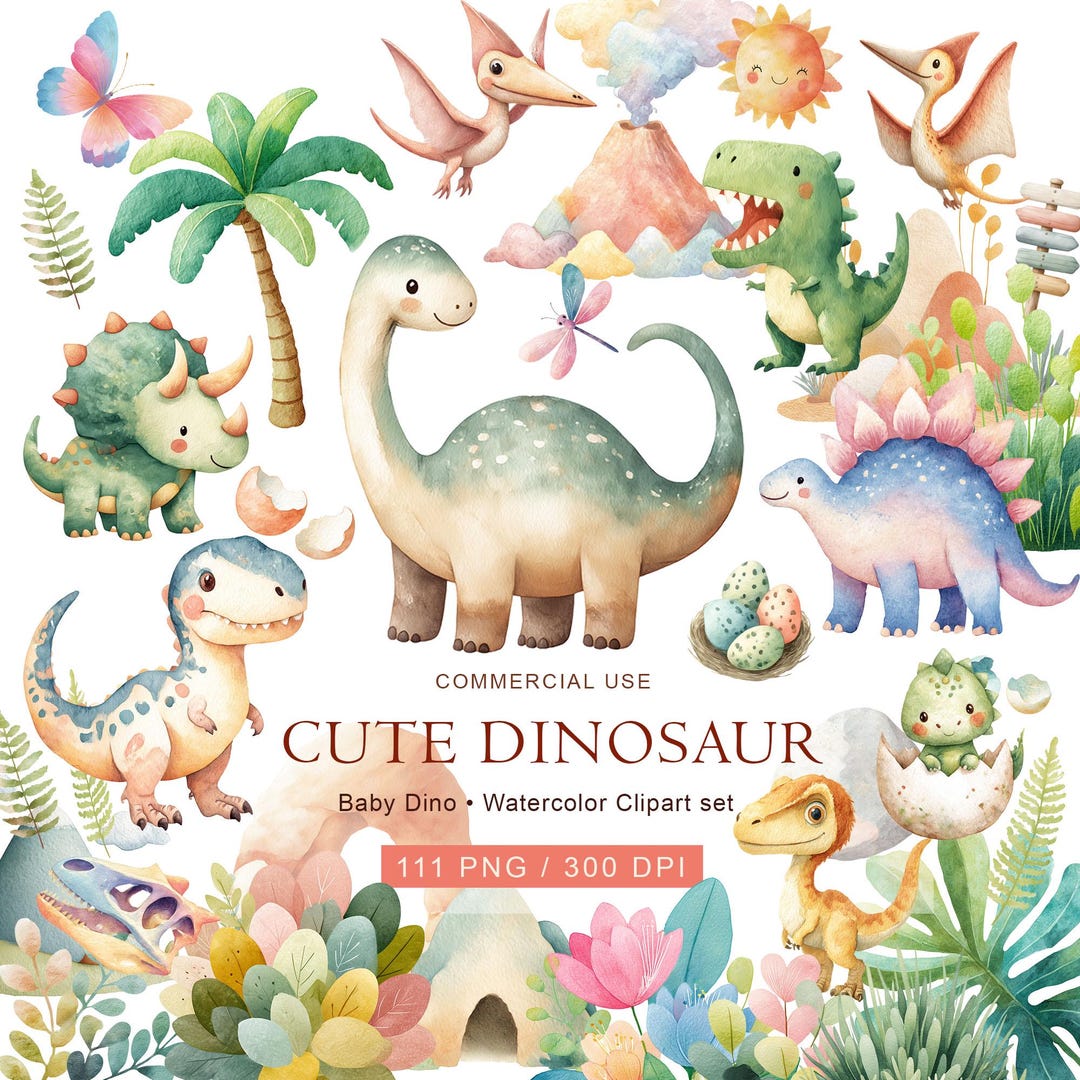 Watercolor Baby Dinosaur Clipart | Transparent PNG Bundle - Etsy
