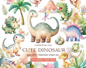 Watercolor Baby Dinosaur Clipart | Transparent PNG Bundle