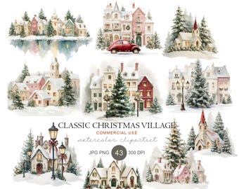 May include: A collection of watercolor illustrations featuring snowy Christmas village scenes with houses, churches, pine trees, street lamps, and a red car. The text reads CLASSIC CHRISTMAS VILLAGE COMMERCIAL USE watercolor clipartset JPG PNG 43 300 DPI.