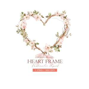 Könnte beinhalten: Ein herzförmiger Blumenrahmen mit Aquarelldesign. Der Rahmen besteht aus braunen Zweigen und ist mit rosa Blüten und grünen Blättern verziert. Der Text "HEART FRAME" und "Watercolor clipart" befinden sich darunter.